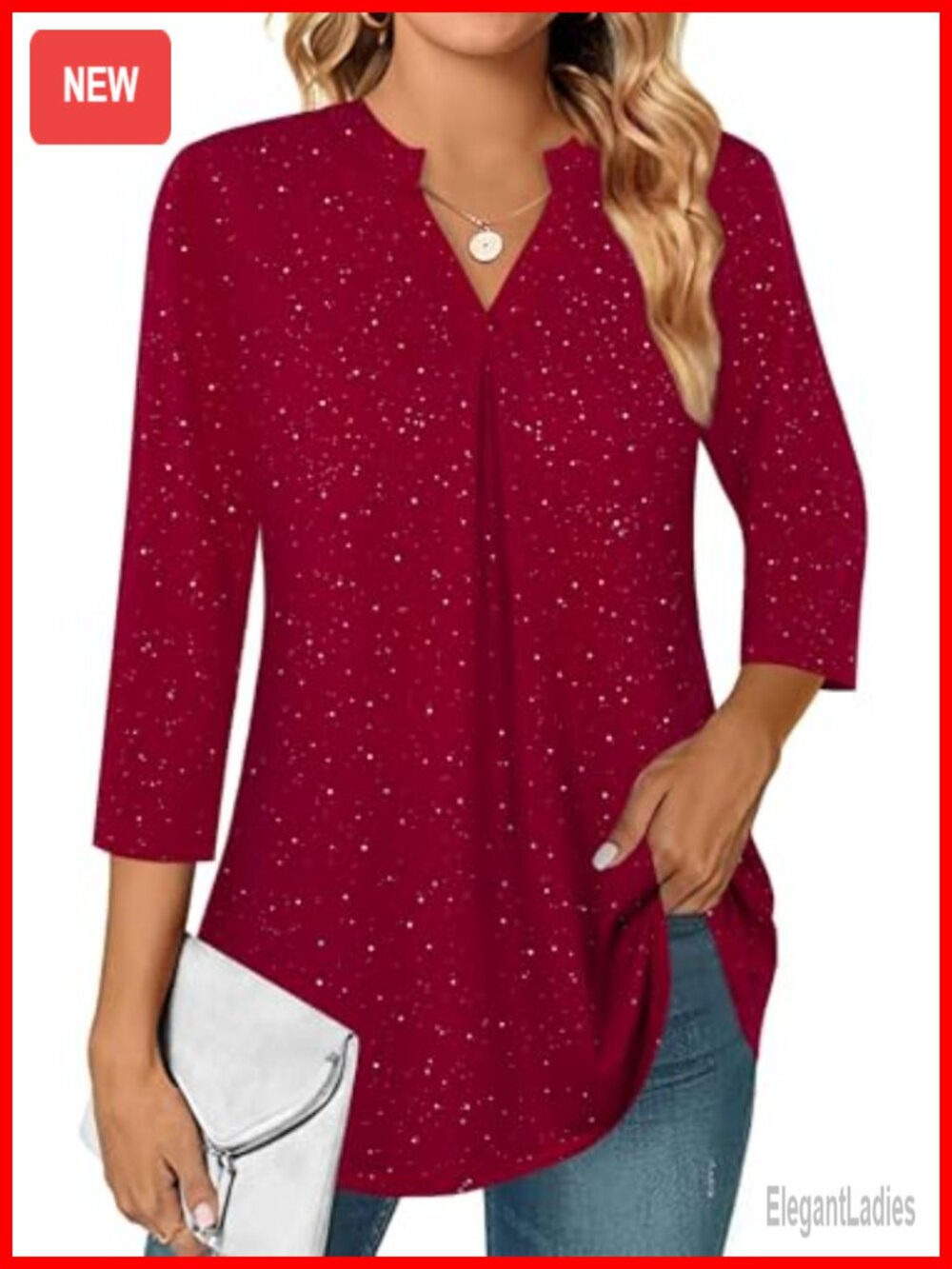 Womens 3/4 Sleeve V Neck Pleated Blouse Business Casual Work Top